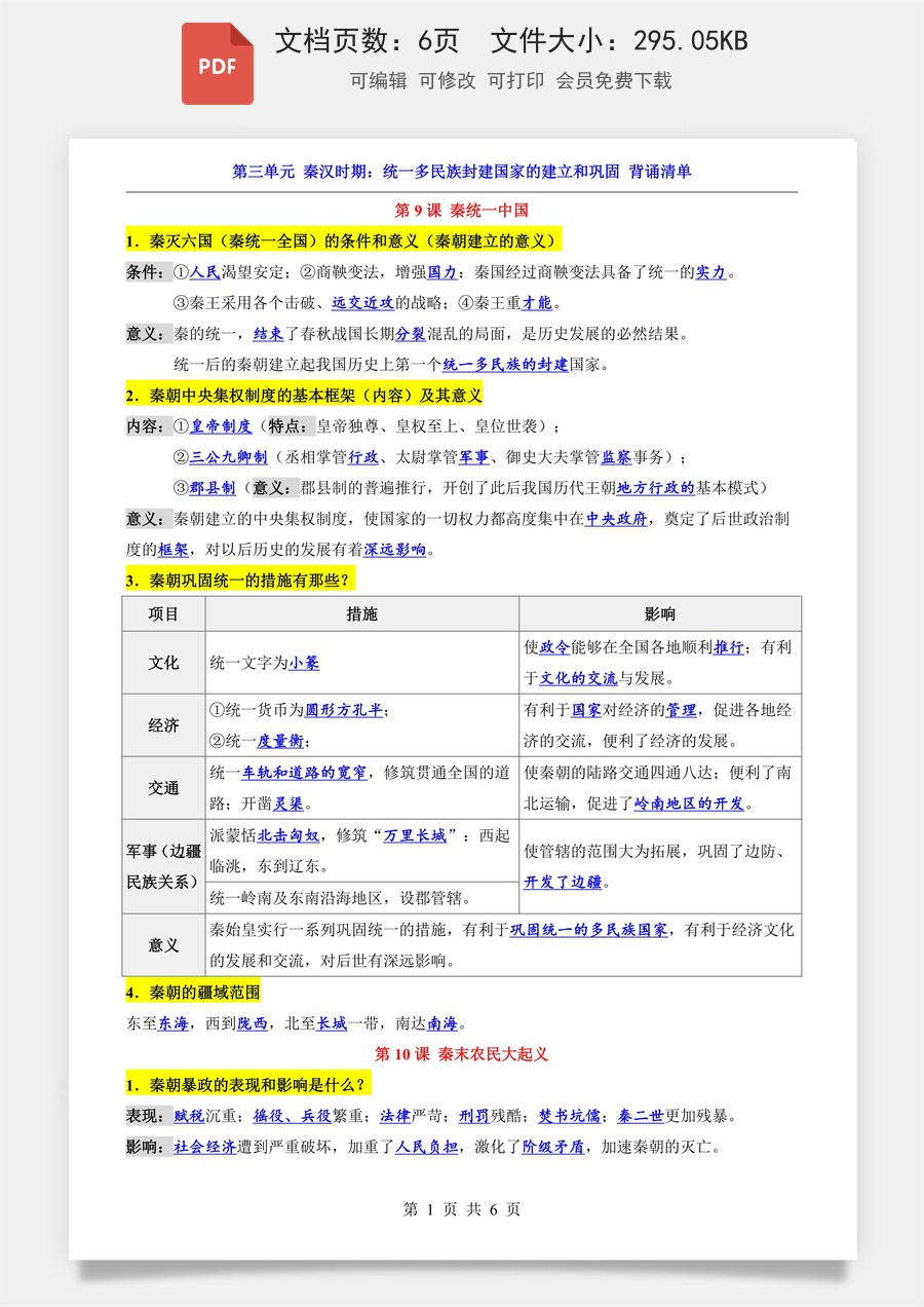 小学-六上小四门-历史-54制六上历史知识梳理-新版-第3单元 秦汉时期（背诵清单）(1).pdf